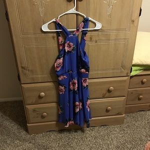 blue dress with pink flower pattern